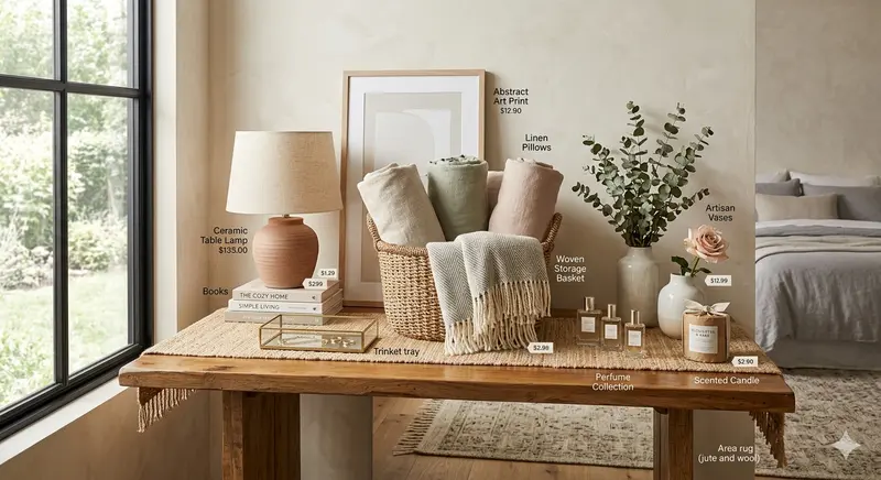 Top bedroom decor products 2026 including linen bedding arc lamp jute rug and framed wall art
