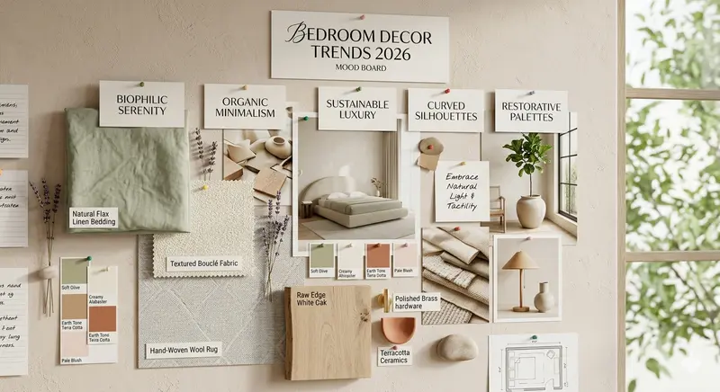 2026 bedroom decor trends mood board showing earthy tones curved furniture and natural textures