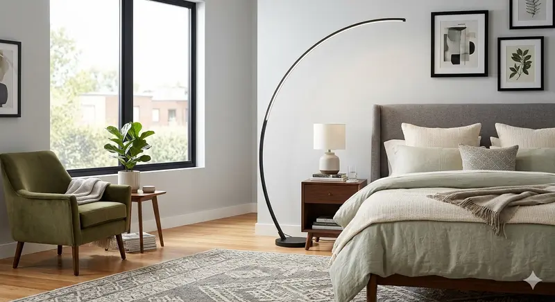 Brightech Sparq arc LED floor lamp beside bedroom bed creating warm ambient lighting glow