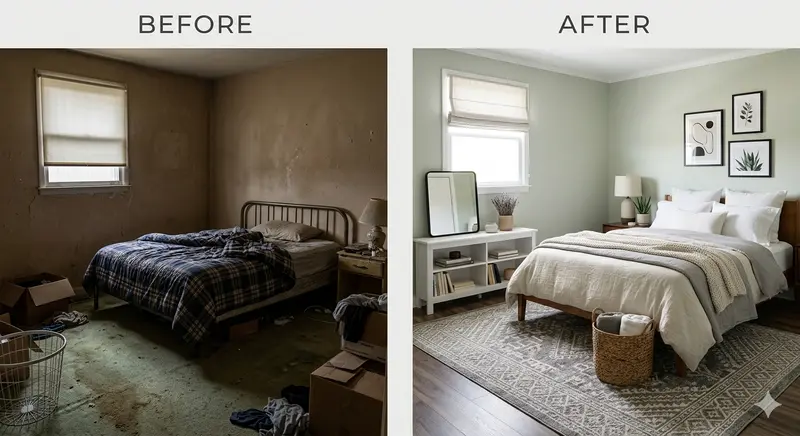 Budget bedroom makeover before and after transformation under $300 with bedding lamp and wall art