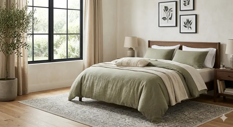 Casaluna linen blend duvet cover set styled on a bedroom bed in warm neutral tones