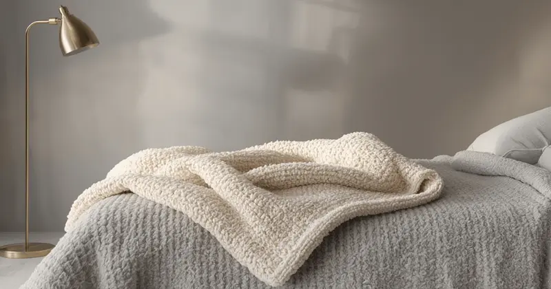 Cream chunky knit chenille throw blanket draped casually across the corner of an ivory linen bed in a luxury bedroom with warm brass lamplight behind