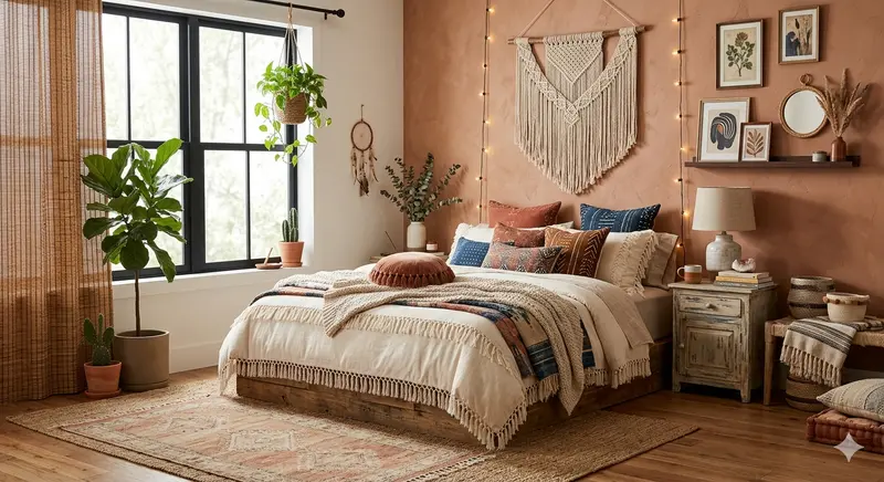 Cozy boho bedroom decor with rattan headboard macrame wall art jute rug and layered cushions