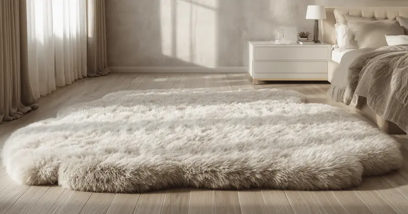 Large ivory faux fur area rug extending across luxury glam bedroom hardwood floor beneath cream velvet bed frame with early morning sunlight through linen curtains