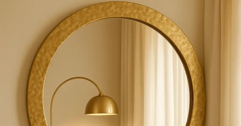 Large round hammered gold leaf decorative mirror on cream bedroom wall reflecting warm brass arc floor lamp light and ivory linen curtains