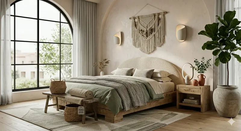 Best bedroom decor ideas 2026 with layered linen bedding rattan headboard and warm neutral tones