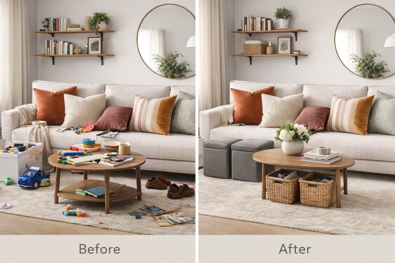 Before and after living room storage solutions showing clutter control