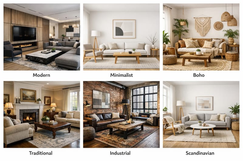 Different living room decor styles from modern to traditional