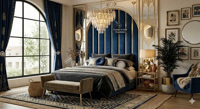 Luxury glam bedroom decor with velvet tufted headboard gold accents and crystal chandelier