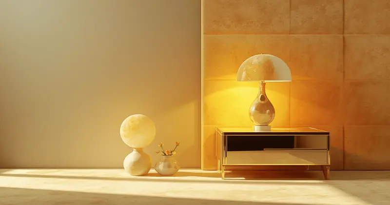 Marble base bedside table lamp with gold hardware on a luxury gold nightstand with warm amber light glowing against a cream velvet headboard