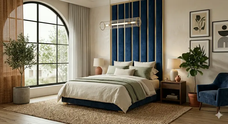 nuLOOM Rigo handwoven jute area rug under queen bed in boho bedroom with rattan headboard