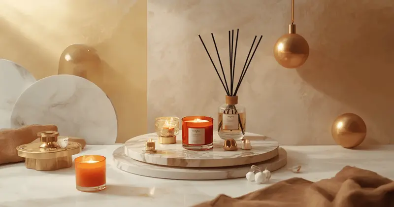 Luxury scented candle and reed diffuser on a marble bath tray in a glam bathroom, warm candlelight glow