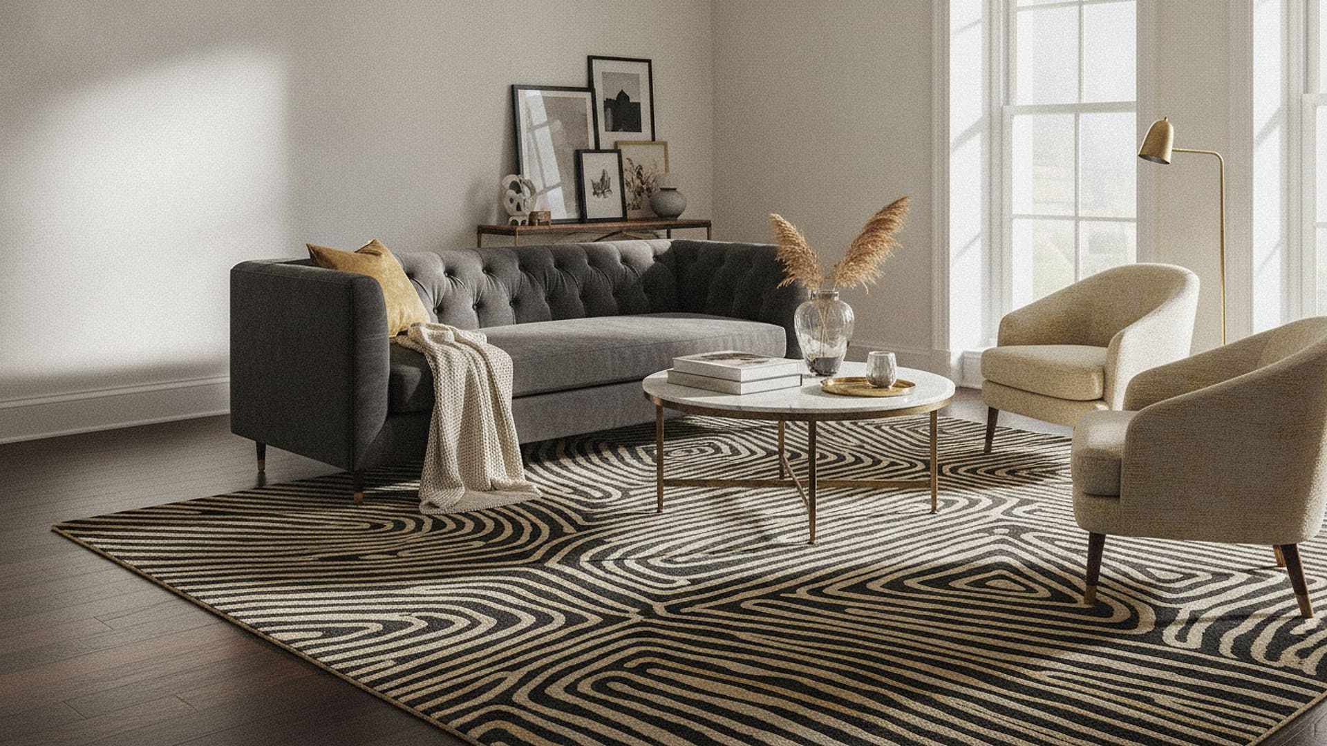 Black & Gold Abstract Luxury Area Rug styled in a room