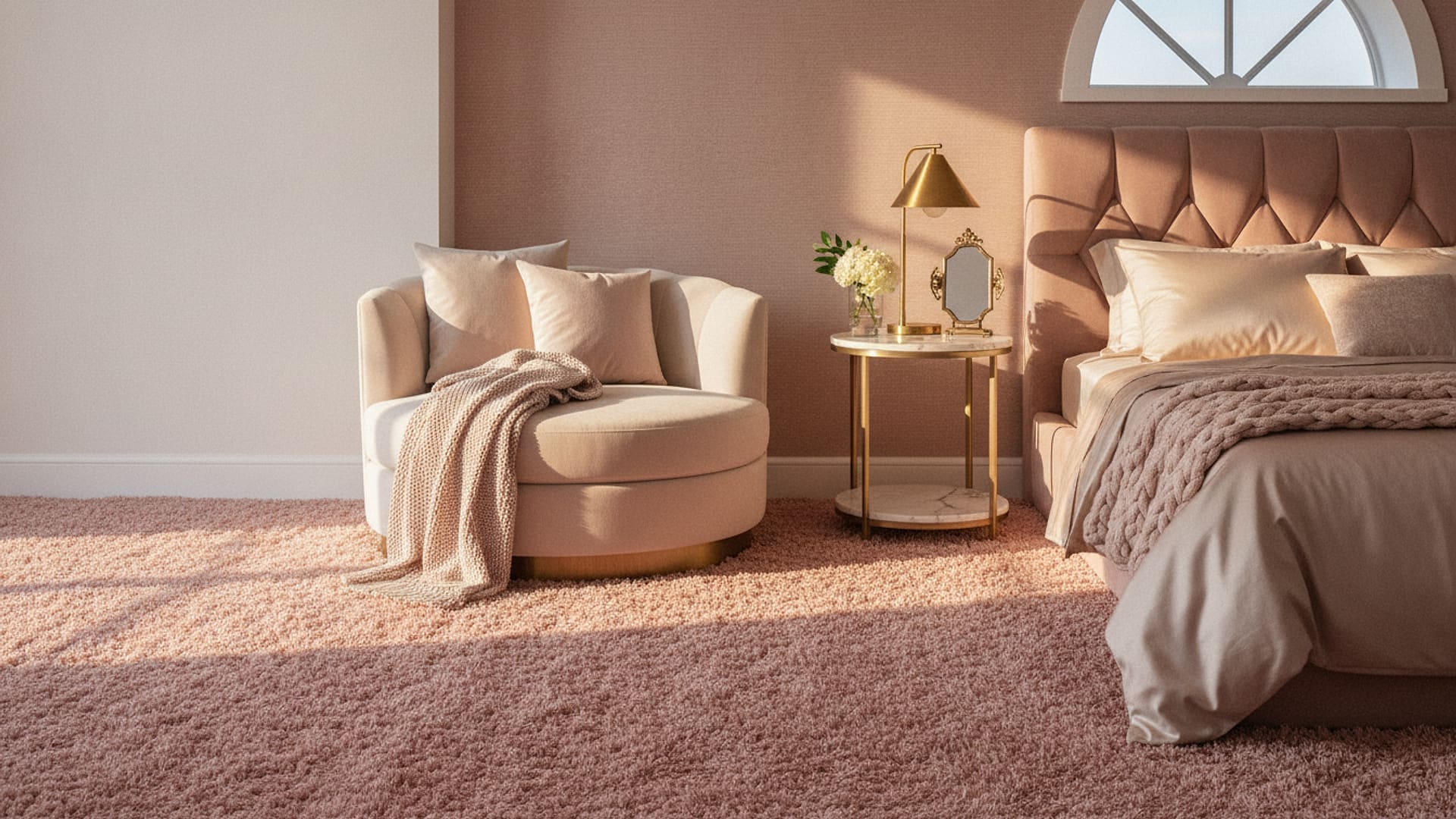 Blush Pink High-Pile Shag Bedroom Rug styled in a room