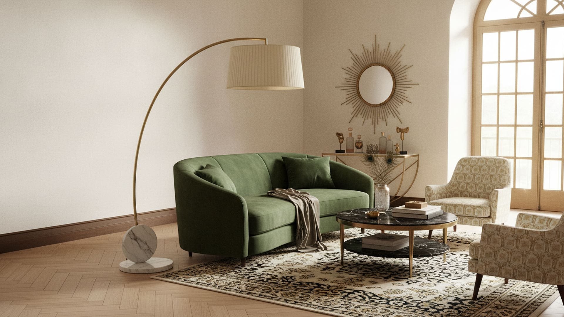 Champagne Arc Floor Lamp with Marble Base styled in a room