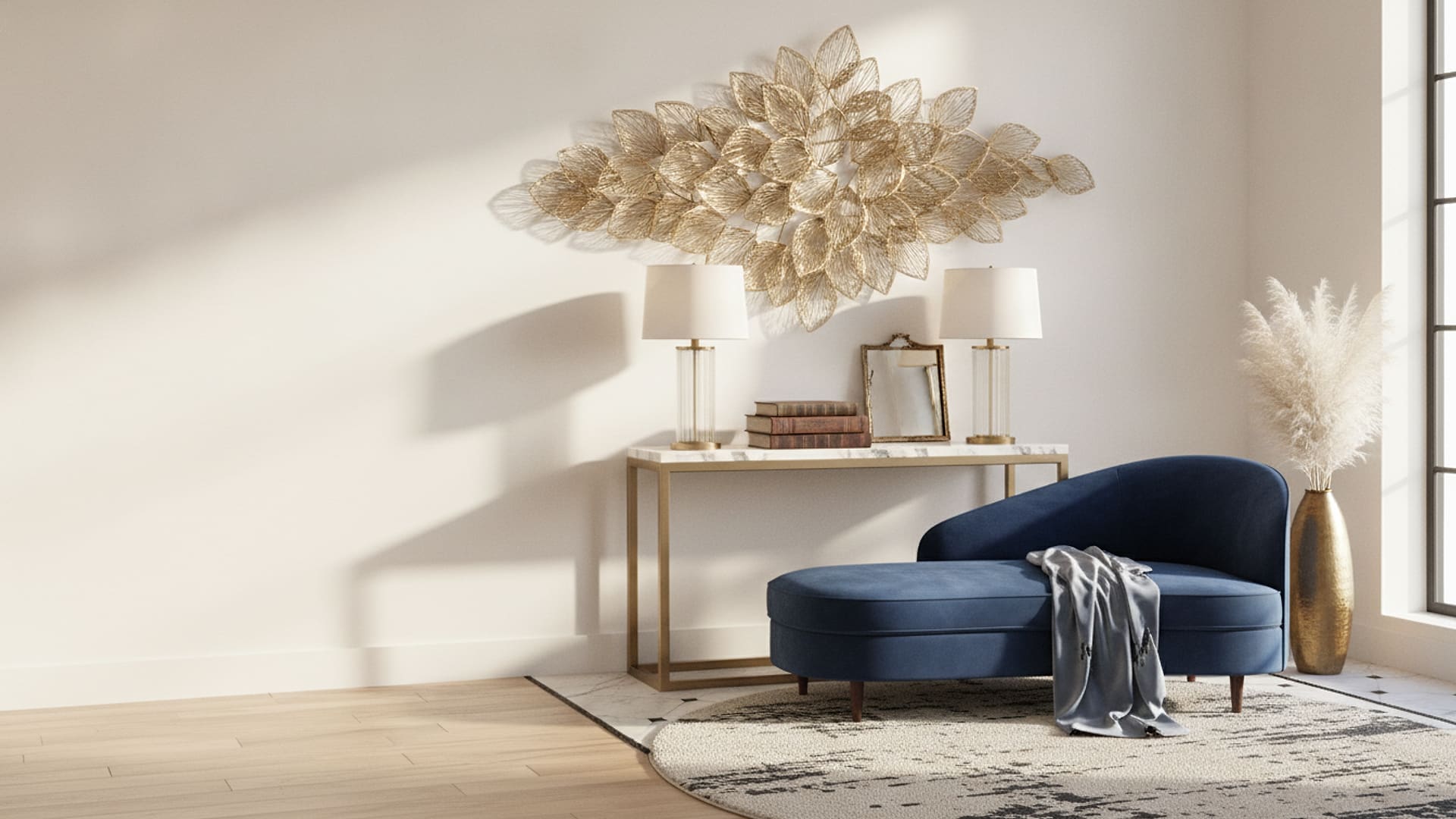 Champagne Gold Leaf Metal Wall Sculpture styled in a room