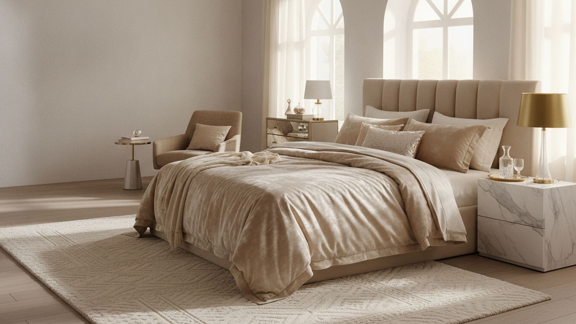 Champagne Velvet Comforter Bedding Set styled in a room