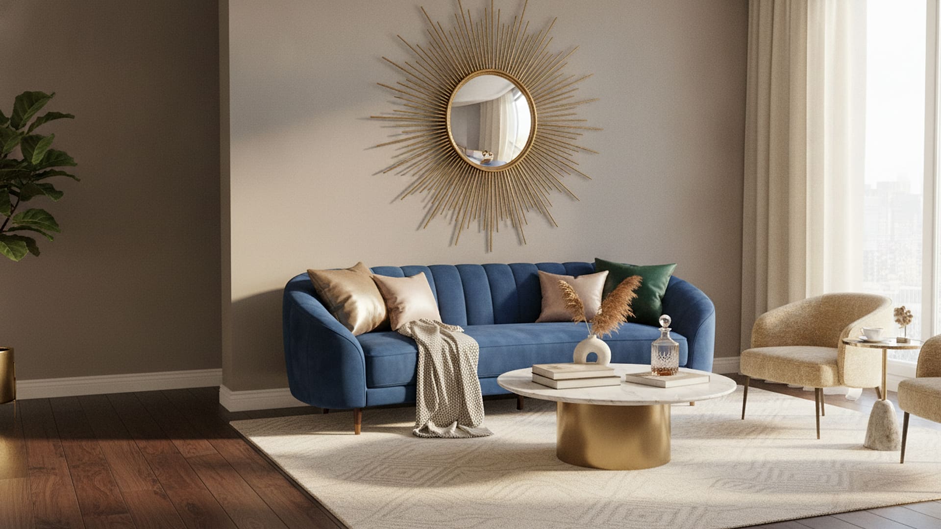 Gold Sunburst Wall Mirror styled in a room