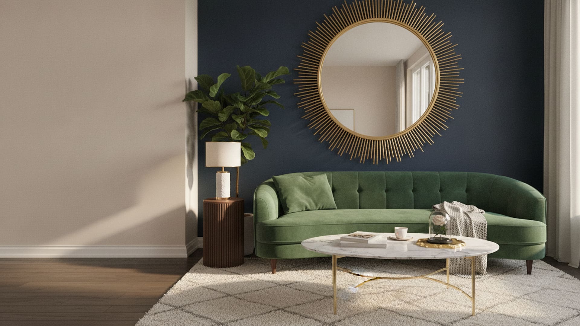 Oversized Round Gold Wall Mirror styled in a room