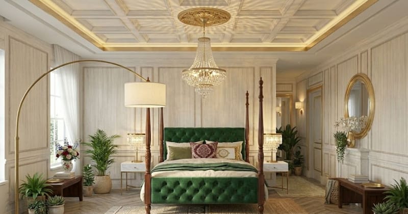 Luxury glam lighting in a styled bedroom with gold arc floor lamp