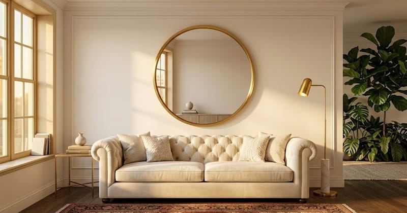Luxury glam wall mirror in styled living room with warm editorial lighting