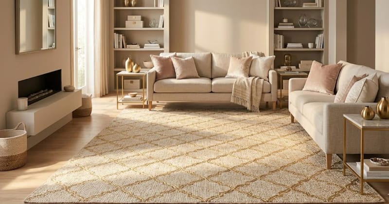 Luxury glam area rug in a styled living room with gold accents and warm editorial lighting
