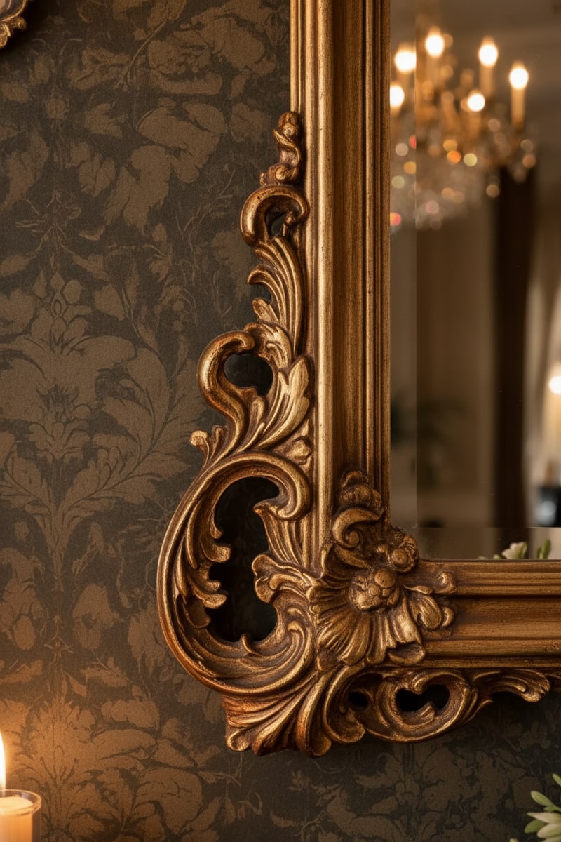 Antique-Style Ornate Gold Wall Mirror styled in a room