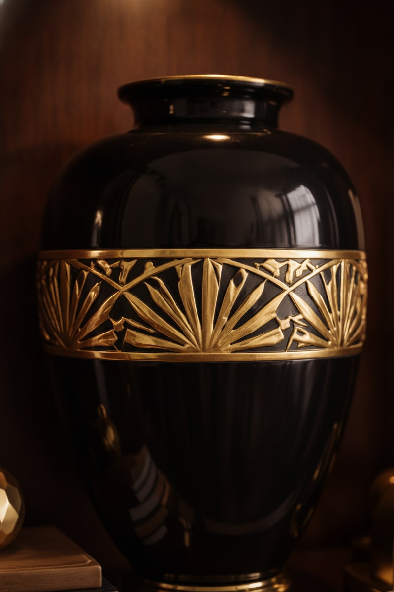 Art Deco Black & Gold Ceramic Statement Vase styled in a room