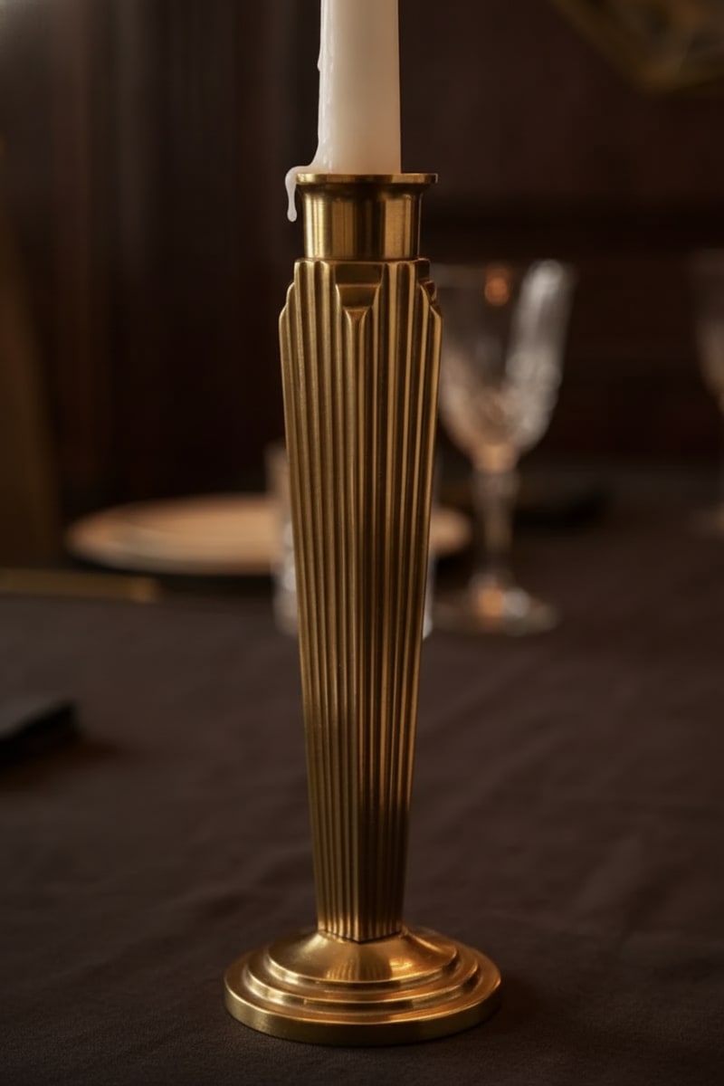 Art Deco Brass Taper Candle Holder Set styled in a room