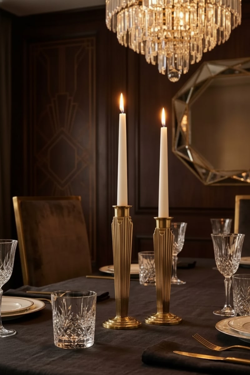 Art Deco Brass Taper Candle Holder Set view 3