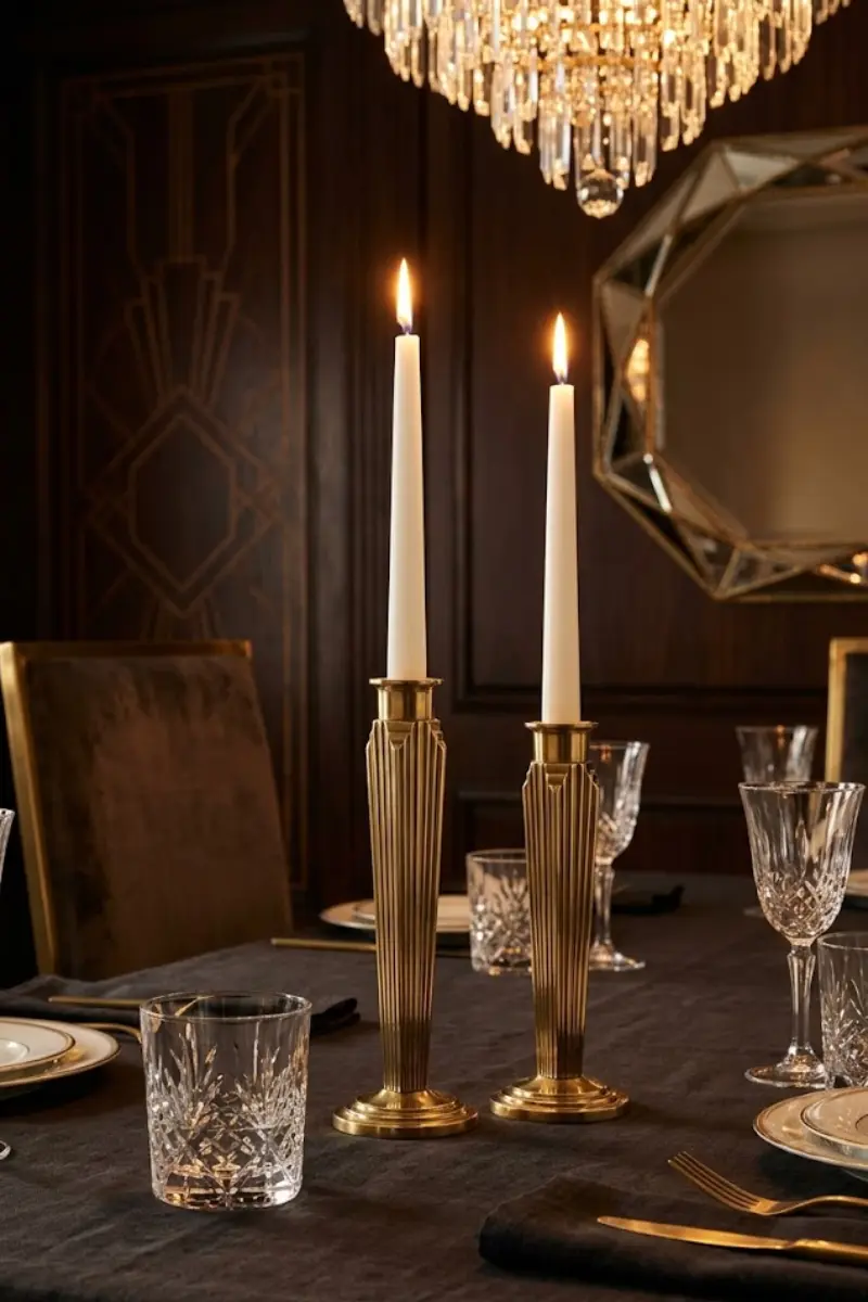 Art Deco Brass Taper Candle Holder Set