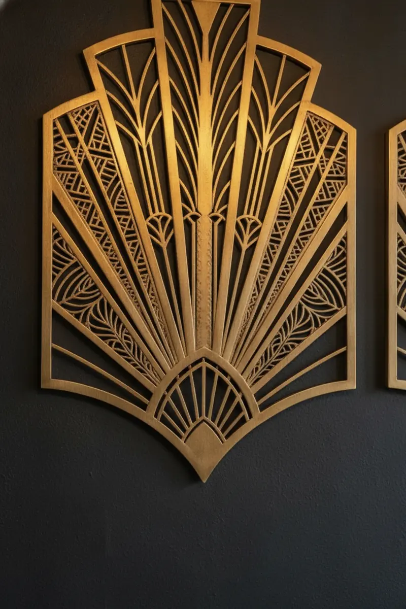 Art Deco fan motif wall decor paired with velvet furniture in a living room