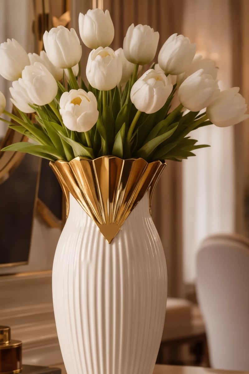 Art Deco Fluted Gold Ceramic Vase styled in a room