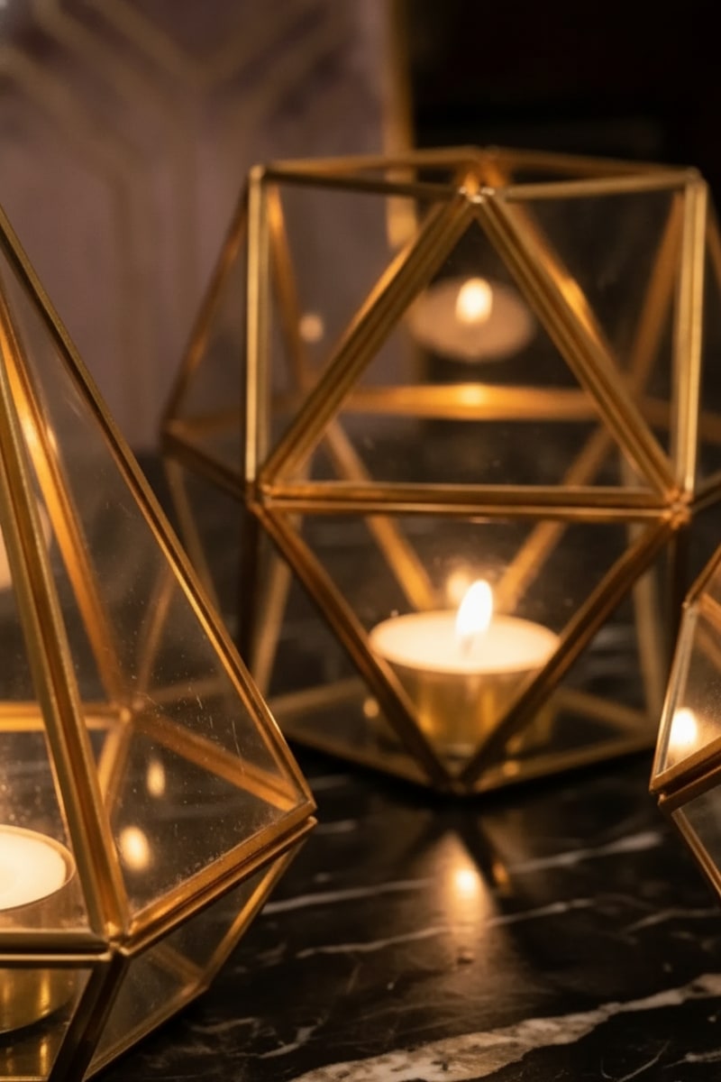Art Deco Geometric Brass Candle Holder Set styled in a room