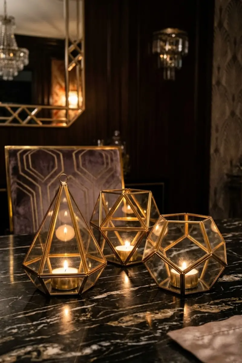 Art Deco Geometric Brass Candle Holder Set