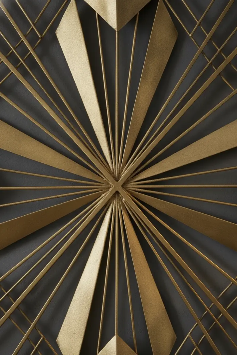 Close-up of warm brass finish on Art Deco geometric wall art