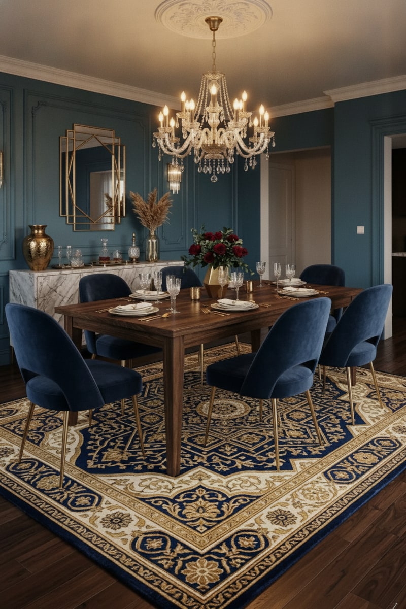 Art Deco Medallion Wool Area Rug styled in a room