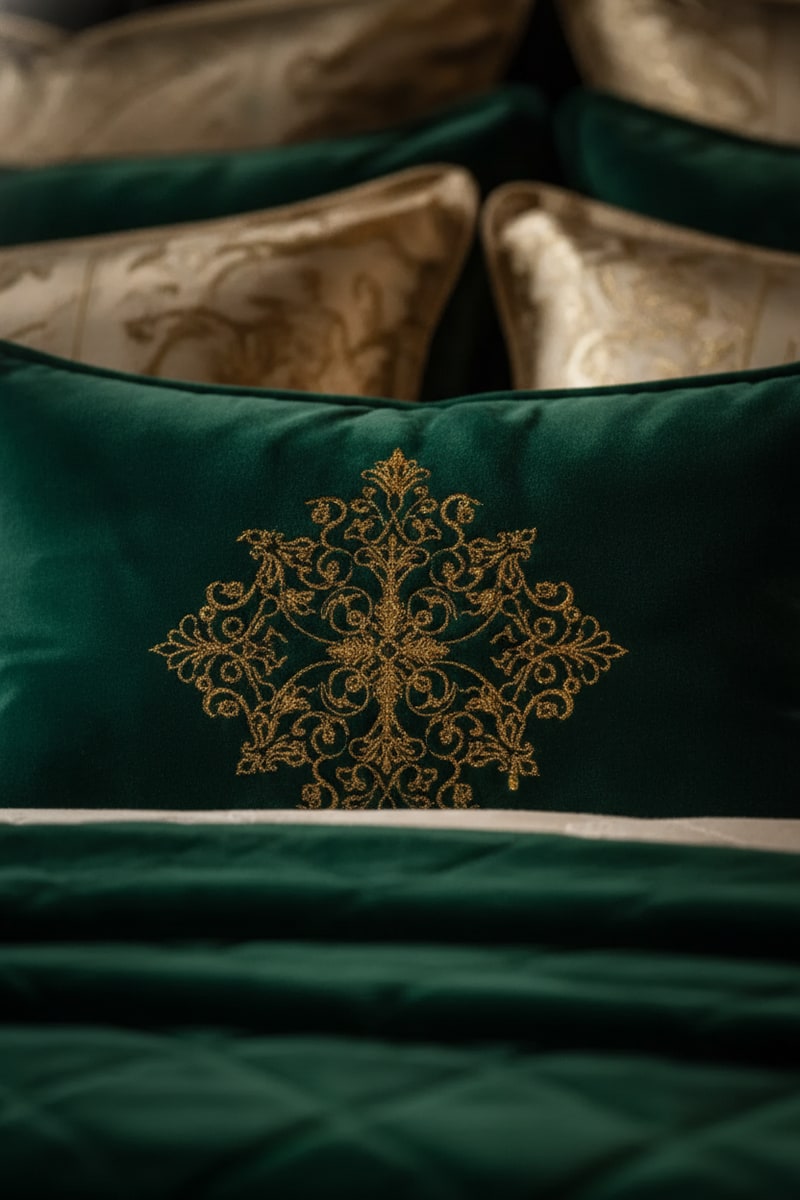 Art Deco Velvet Quilt Coverlet Set styled in a room