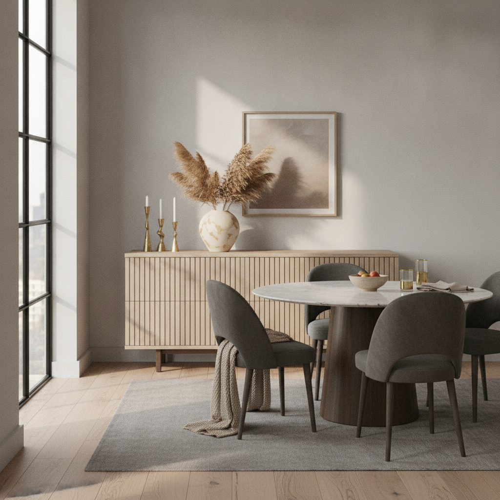 Aura 60" Faux-Travertine Buffet, Ash Slatted Front