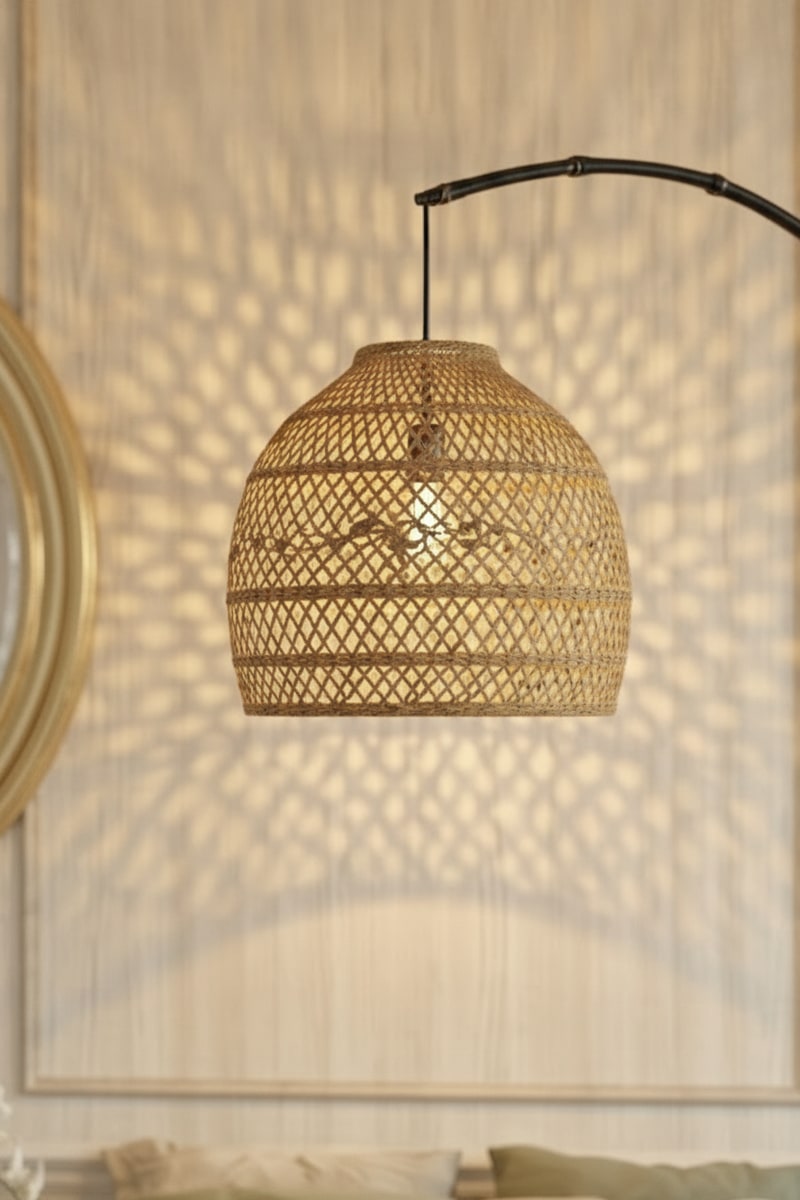 Black Bamboo Arc Floor Lamp styled in a room