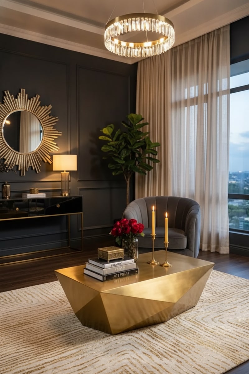 Black & Gold Abstract Luxury Area Rug styled in a room