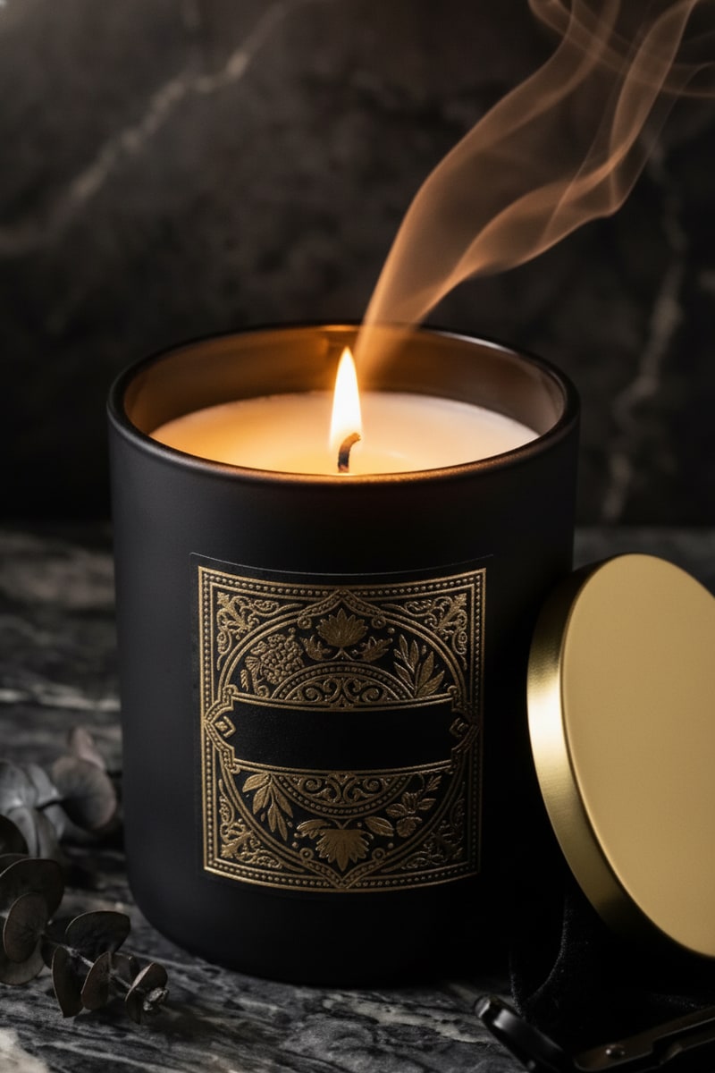 Black & Gold Luxury Scented Candle styled in a room