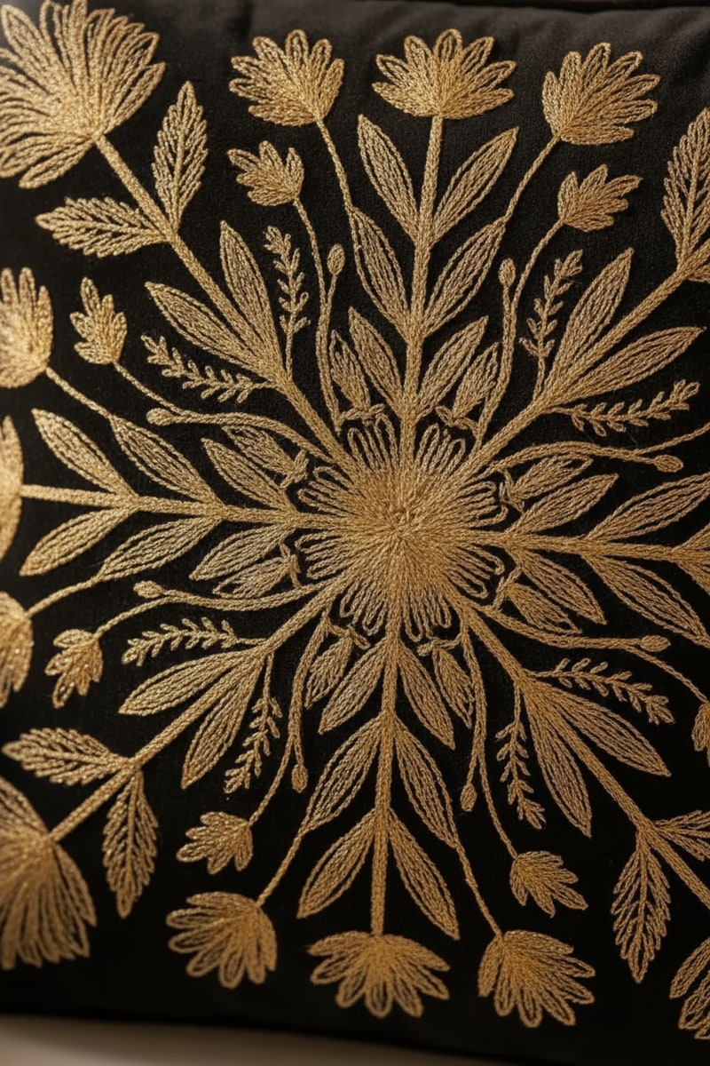 Black Velvet Gold Embroidered Throw Pillow styled in a room