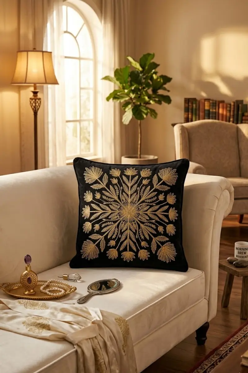 Black Velvet Gold Embroidered Throw Pillow