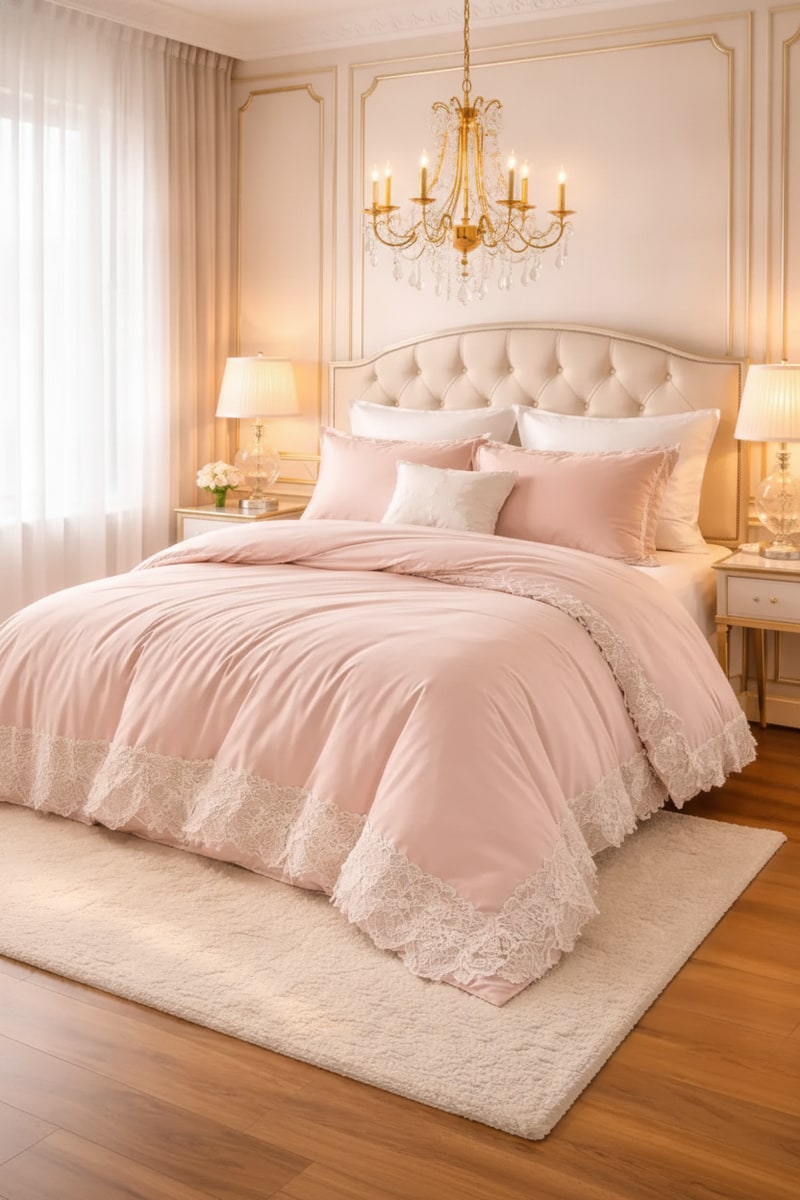 Blush Lace Trim Comforter Bedding Set view 3
