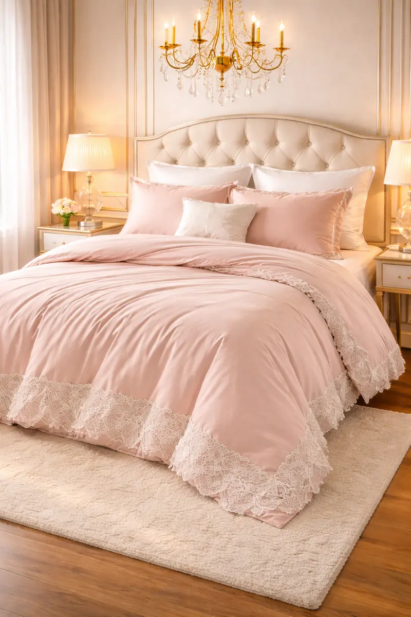 Blush Lace Trim Comforter Bedding Set