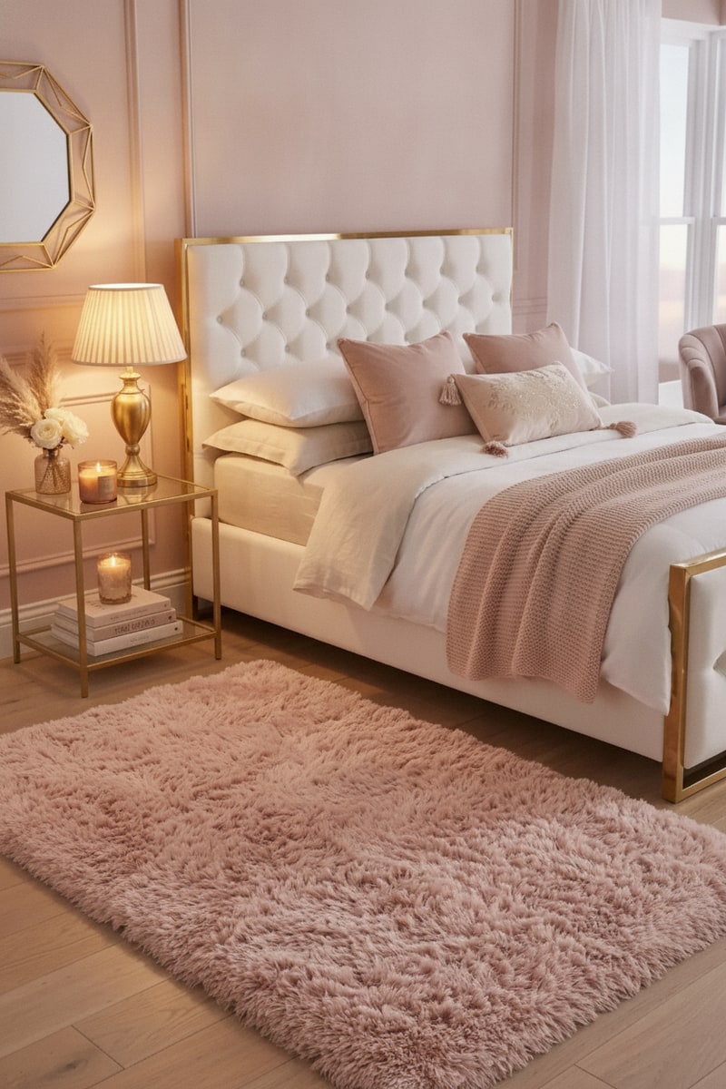 Blush Pink High-Pile Shag Bedroom Rug styled in a room