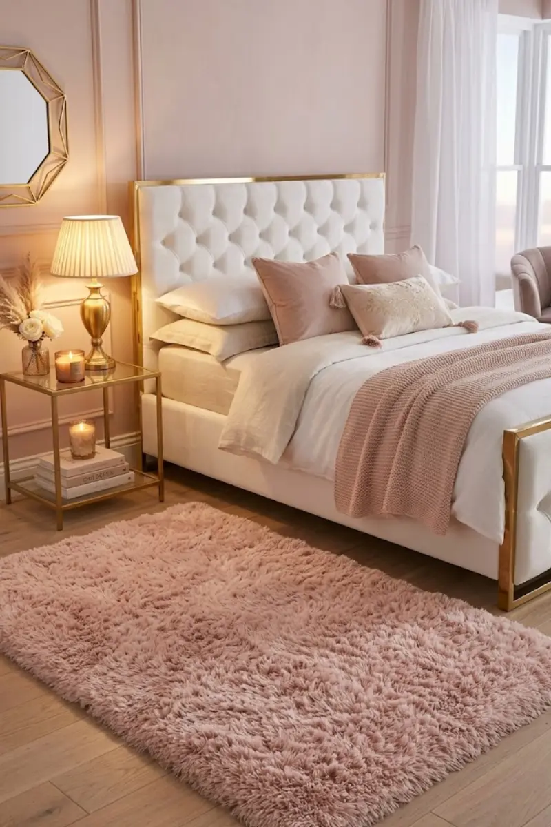 Blush Pink High-Pile Shag Bedroom Rug