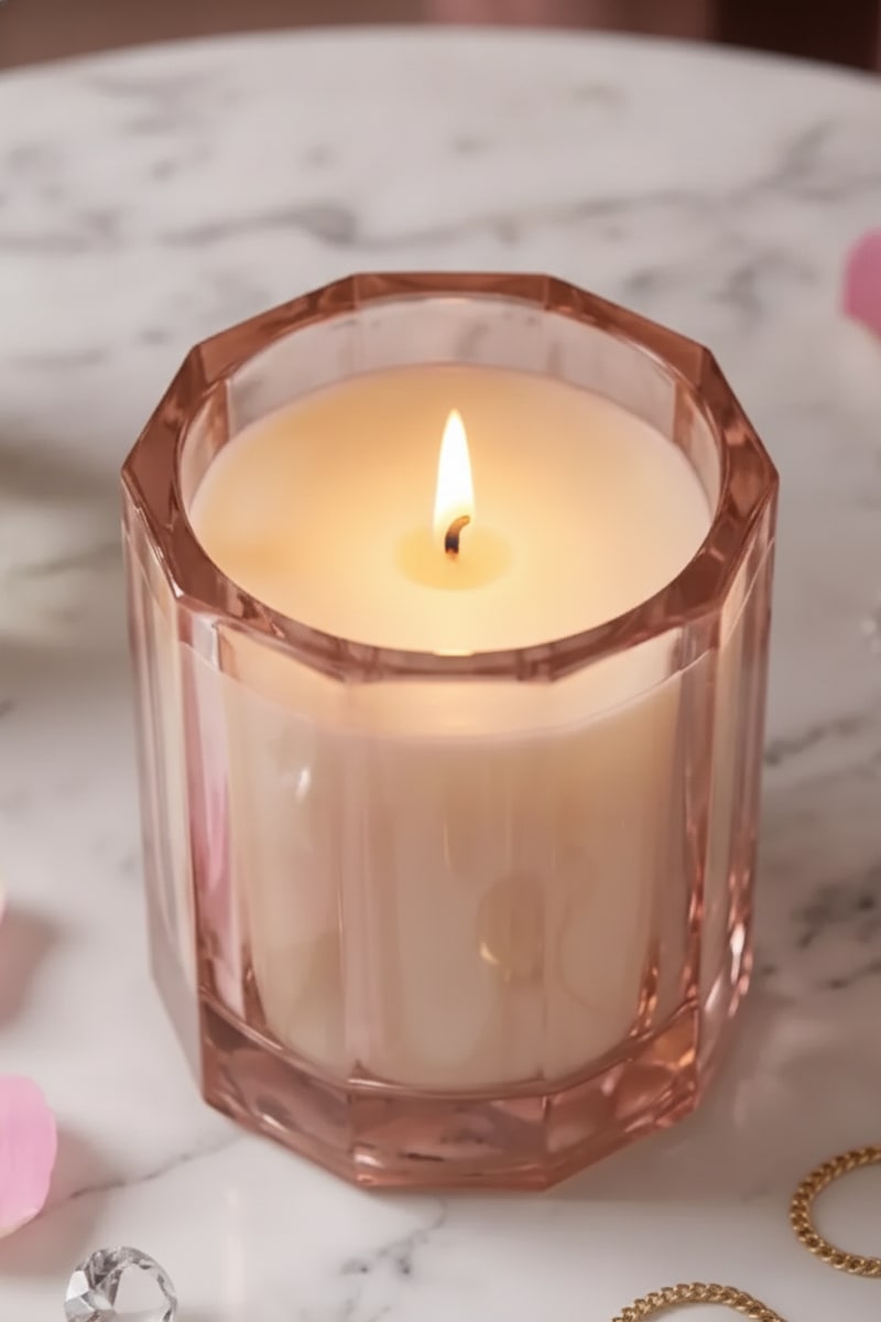 Blush Rose Crystal Candle Jar styled in a room