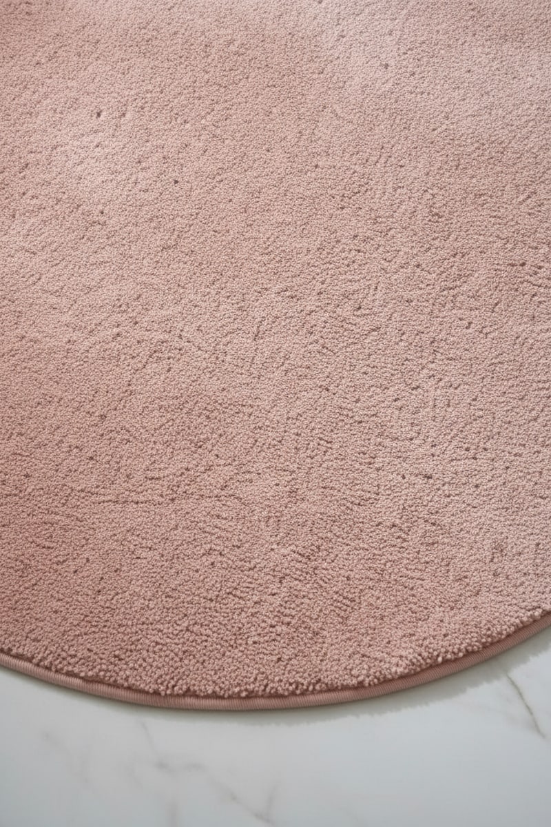 Blush Round Cotton Bath Accent Rug styled in a room